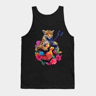 Cute Cheetah Playing Guitar Floral Tank Top